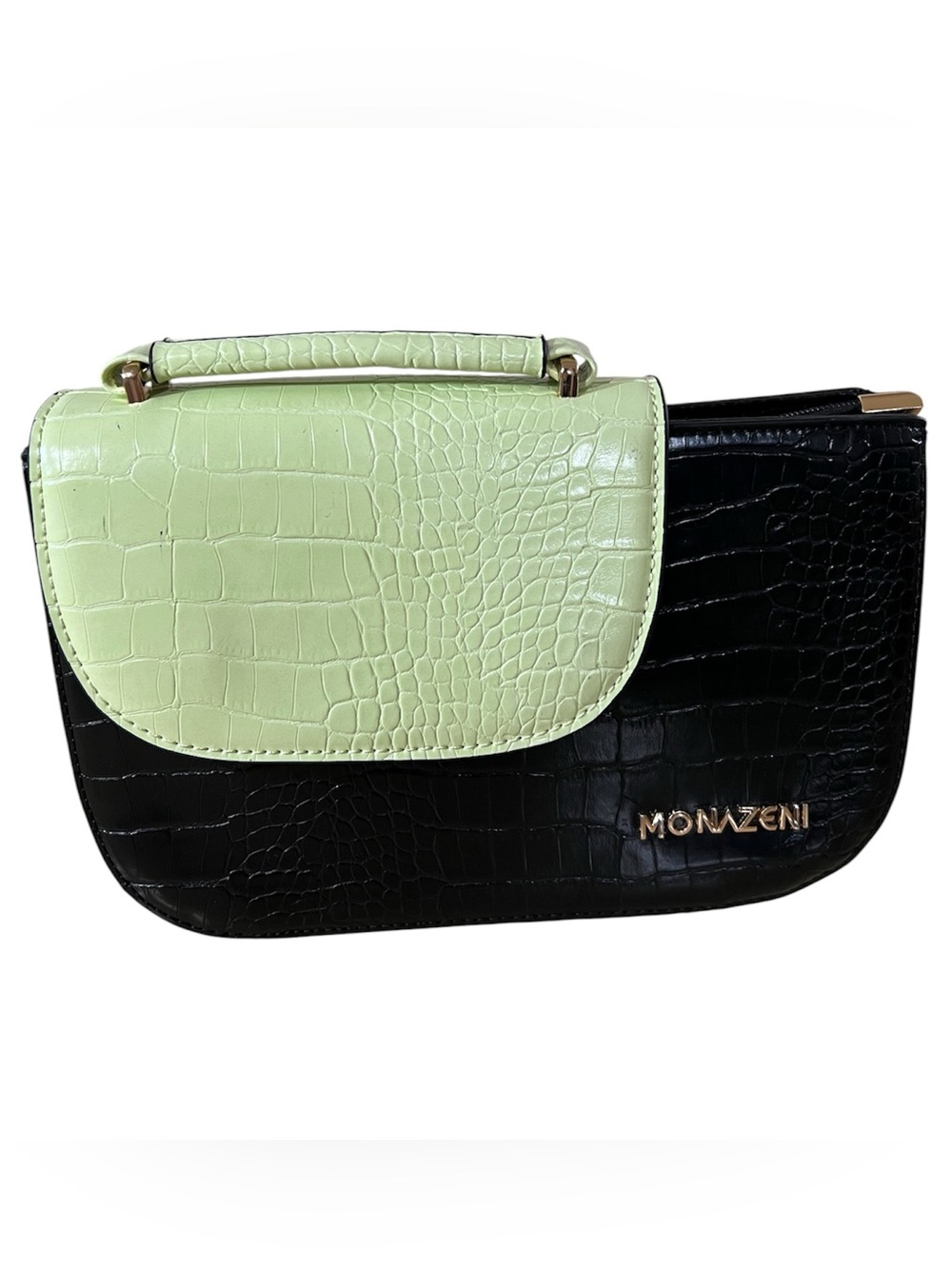 Monazeni Black & Sage Green Croc Embossed Structured Top Handle Bag Unique Chic